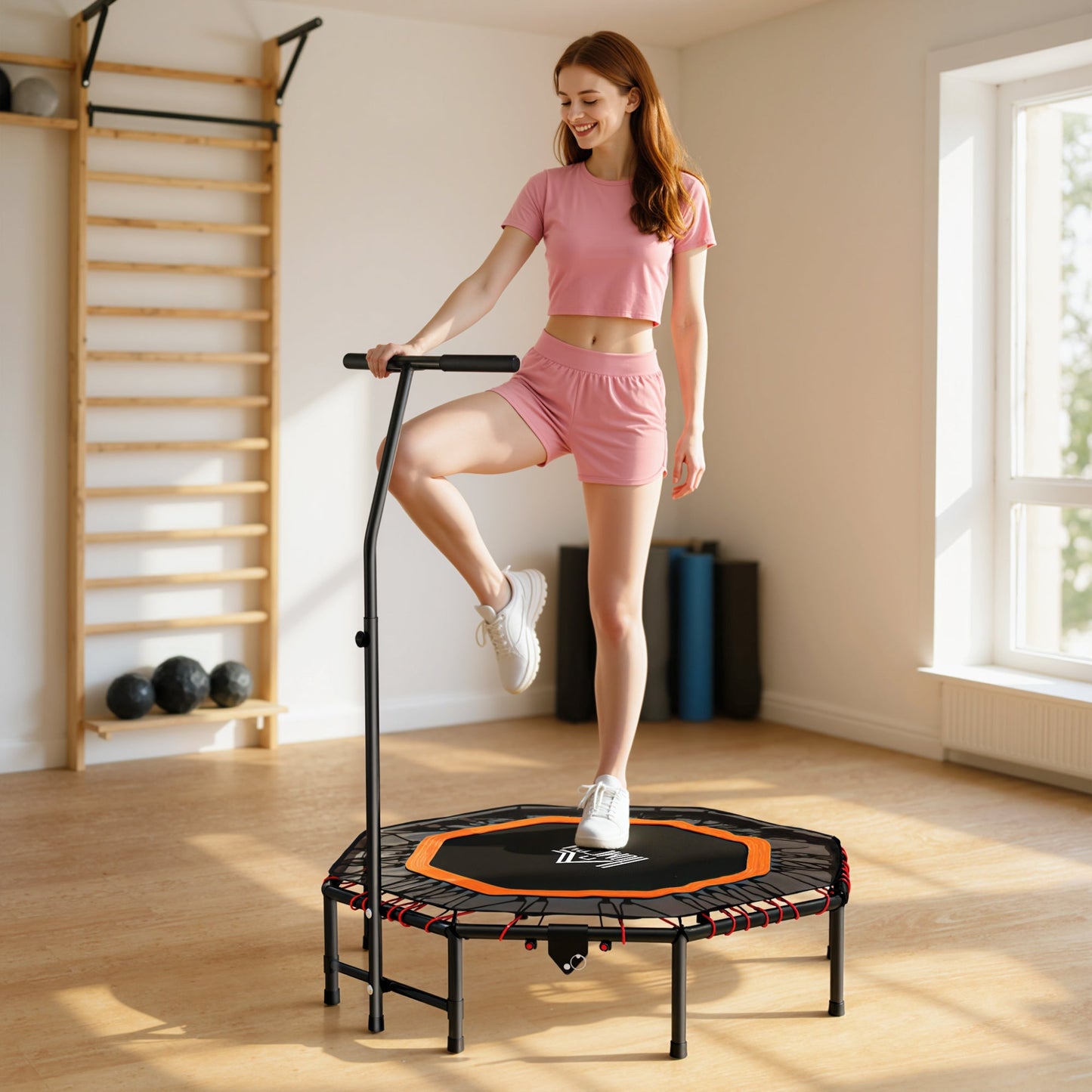 HOMCOM Fitness Trampoline, Bouncer with Adjustable Handle, Max Load 150 kg -