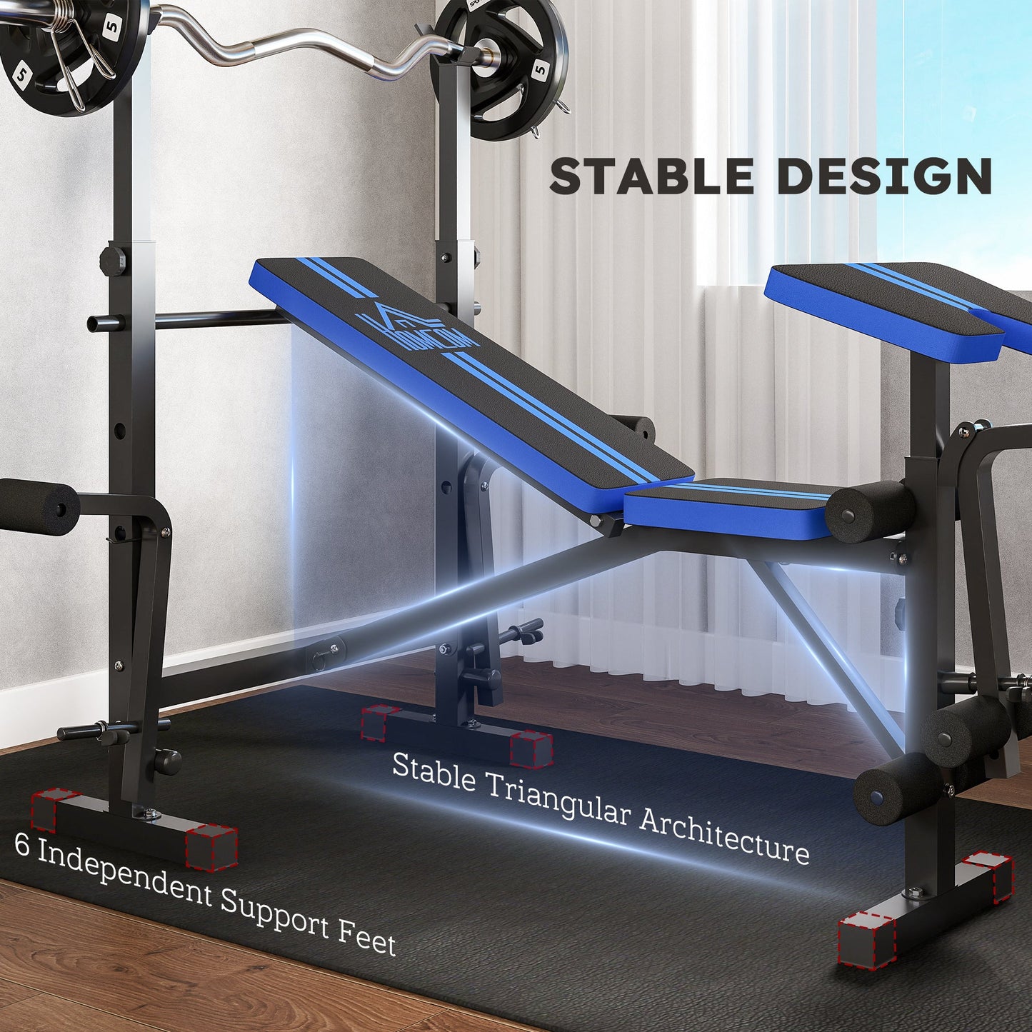 HOMCOM Adjustable Weight Bench with Leg Developer Barbell Rack for Weight Lifting and Strength Training Multifunctional Workout Station for Home Gym Fitness, Blue -