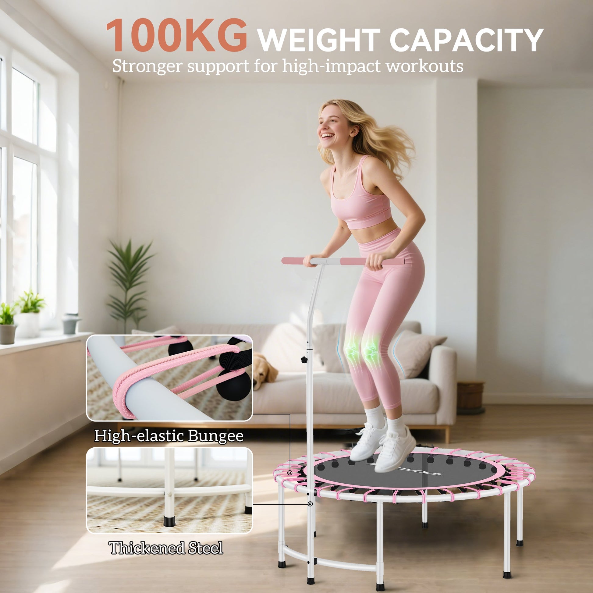 SPORTNOW 40" Fitness Trampoline, Mini Rebounder Trampoline for Adults with 5-Level Adjustable Handle, Indoor Exercise Bungee Rebounder, Max Load 100KG, Pink -