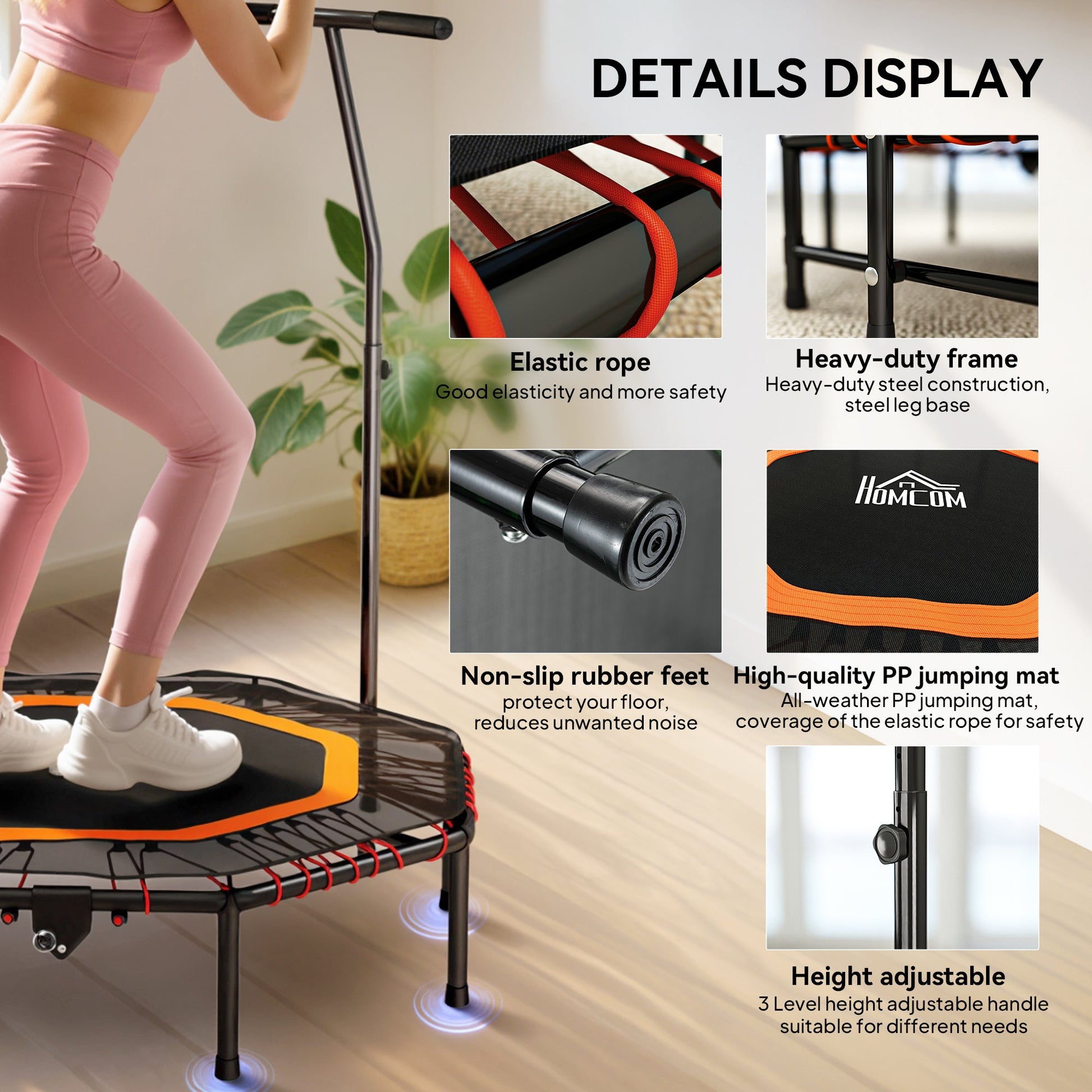HOMCOM Fitness Trampoline, Bouncer with Adjustable Handle, Max Load 150 kg -