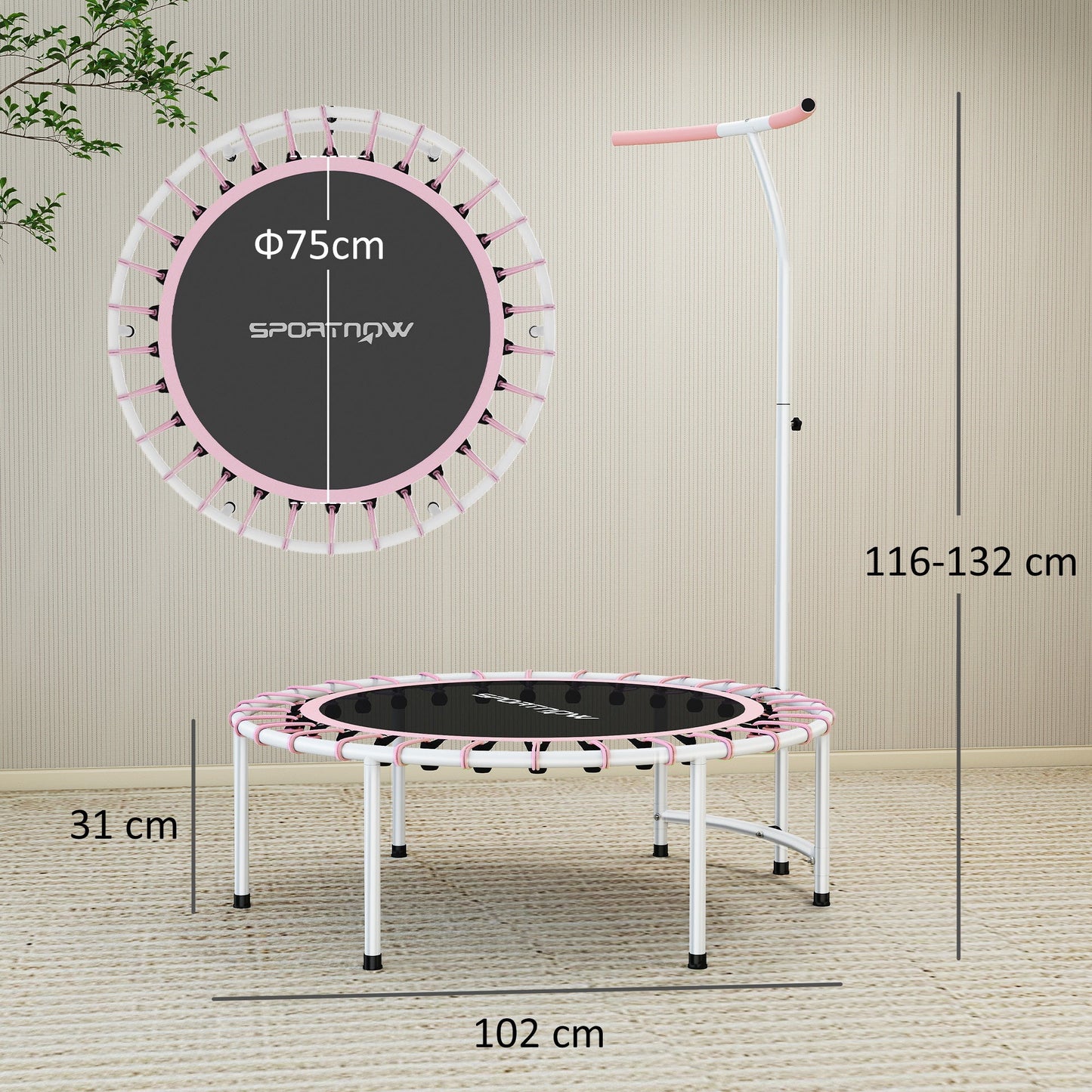 SPORTNOW 40" Fitness Trampoline, Mini Rebounder Trampoline for Adults with 5-Level Adjustable Handle, Indoor Exercise Bungee Rebounder, Max Load 100KG, Pink -