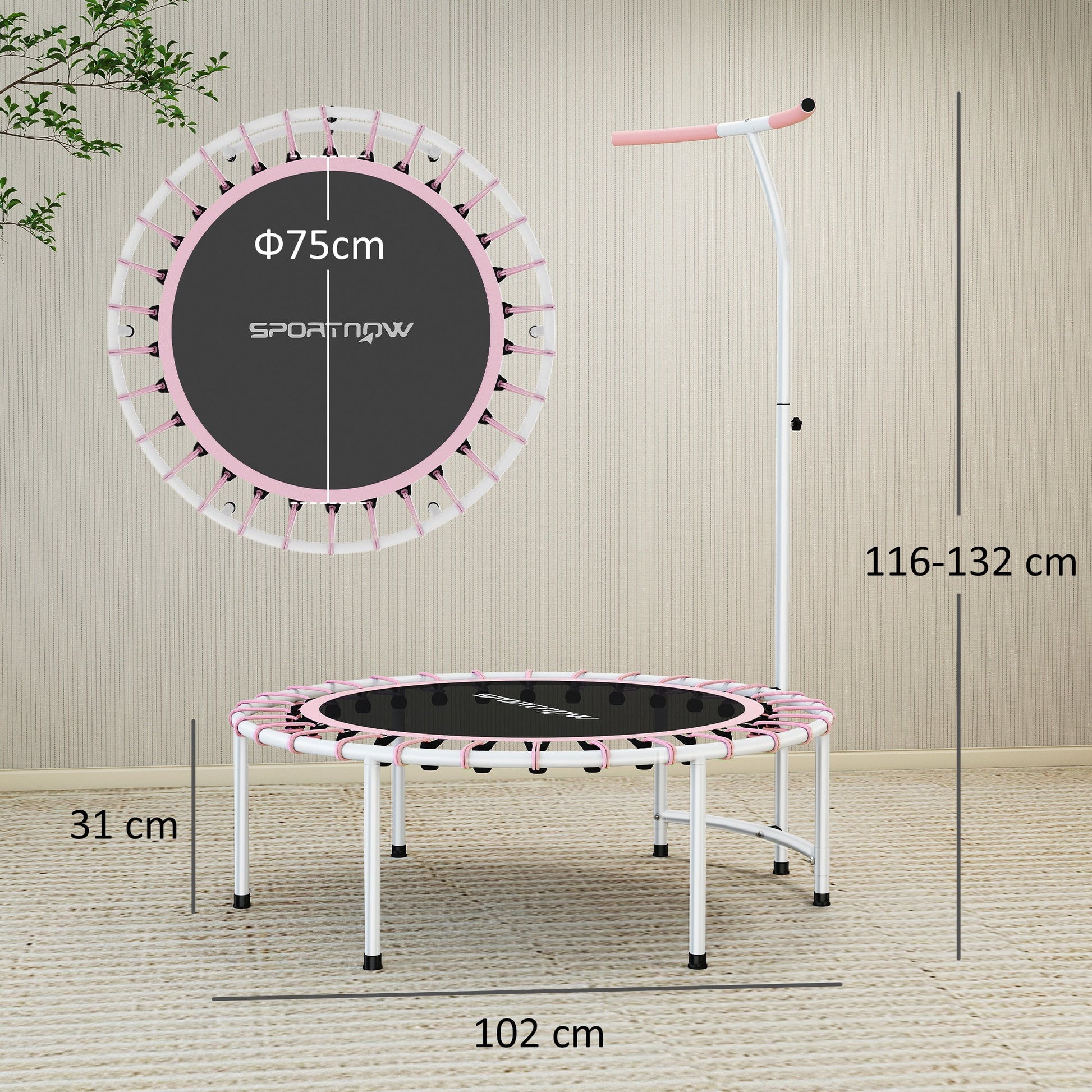 SPORTNOW 40" Fitness Trampoline, Mini Rebounder Trampoline for Adults with 5-Level Adjustable Handle, Indoor Exercise Bungee Rebounder, Max Load 100KG, Pink -