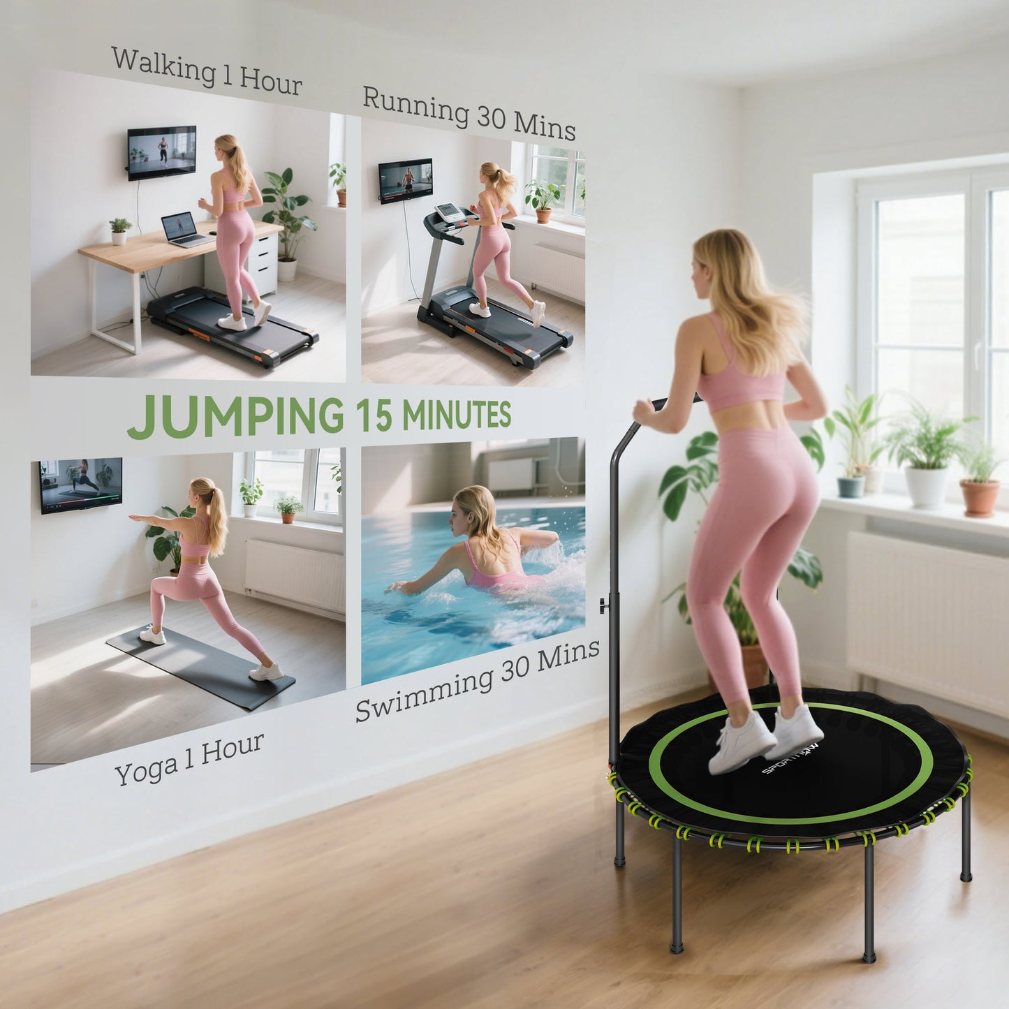 SPORTNOW 40" Foldable Fitness Trampoline Rebounder with Handle, Green -