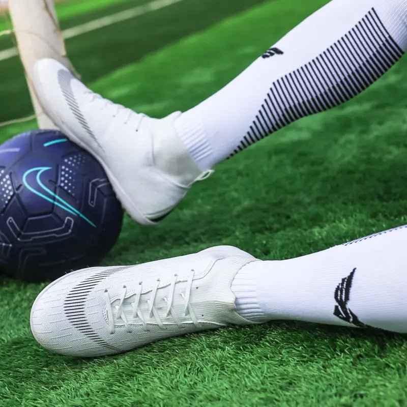 Men Cleats Football Boots High Top Soccer Sneakers Turf Futsal Outdoor Fashion White Sport Shoes - Roesports