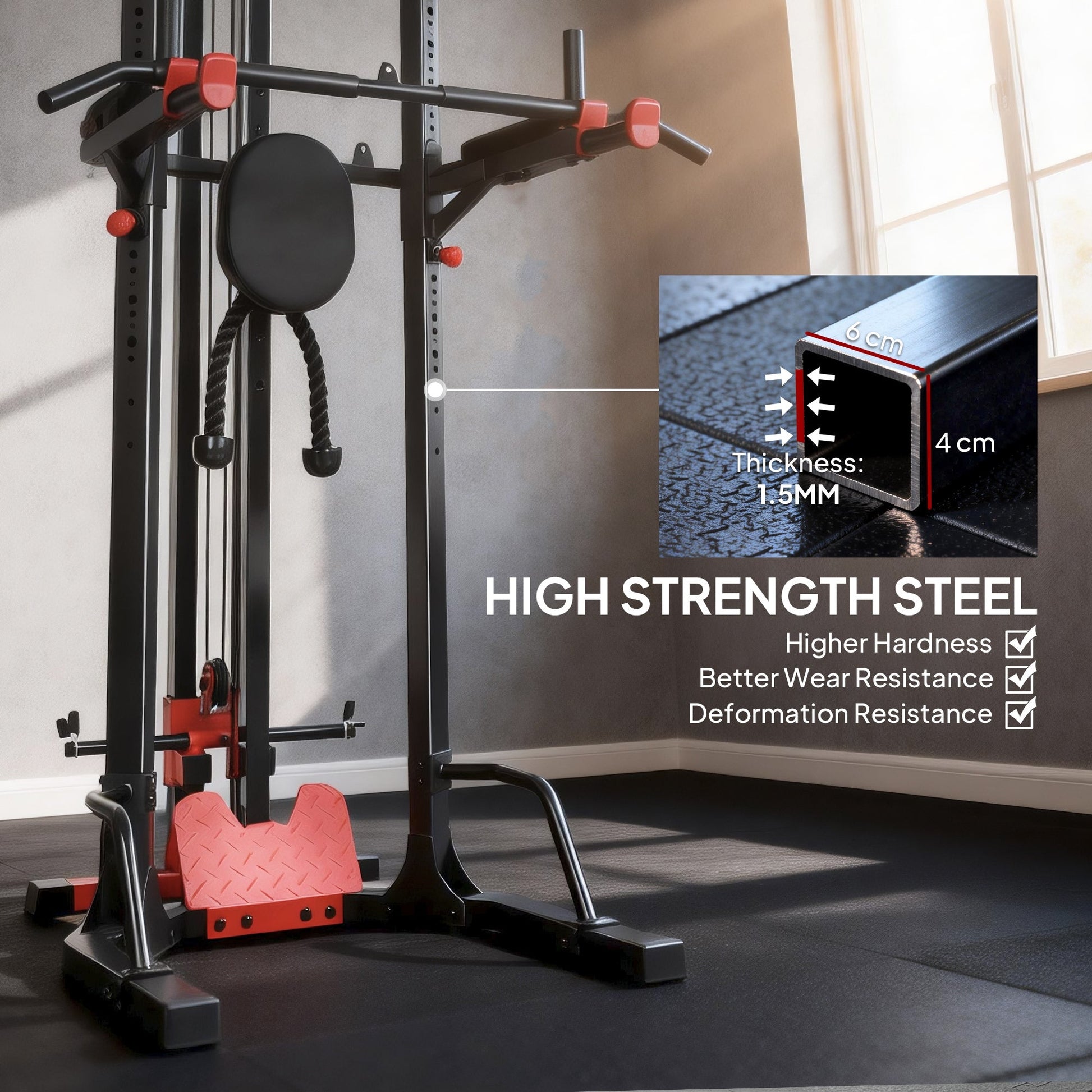SPORTNOW Power Tower with Lat Pull Down Machine, Pull Up Bar, Dip Station, Adjustable Height Power Pack for Home Gym -
