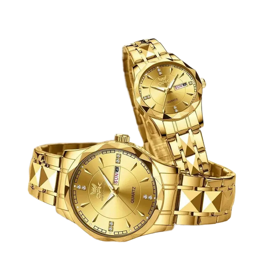 Golden Stainless Steel Couple Watches - Roesports