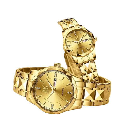 Golden Stainless Steel Couple Watches - Roesports