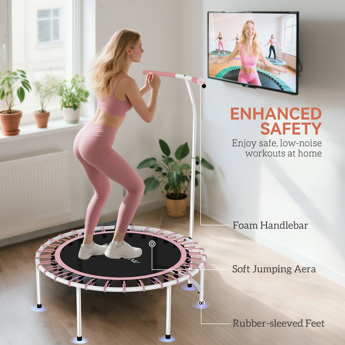 SPORTNOW 40" Fitness Trampoline, Mini Rebounder Trampoline for Adults with 5-Level Adjustable Handle, Indoor Exercise Bungee Rebounder, Max Load 100KG, Pink -