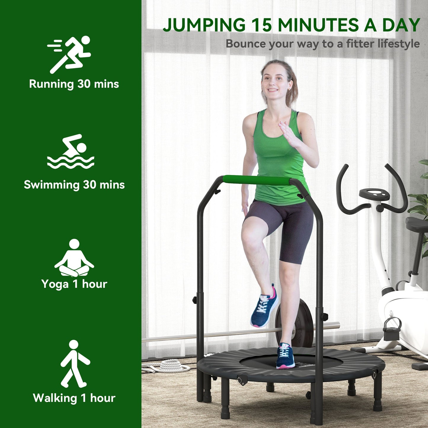 HOMCOM 40" Foldable Mini Fitness Trampoline, with Adjustable Foam Handle, Green -