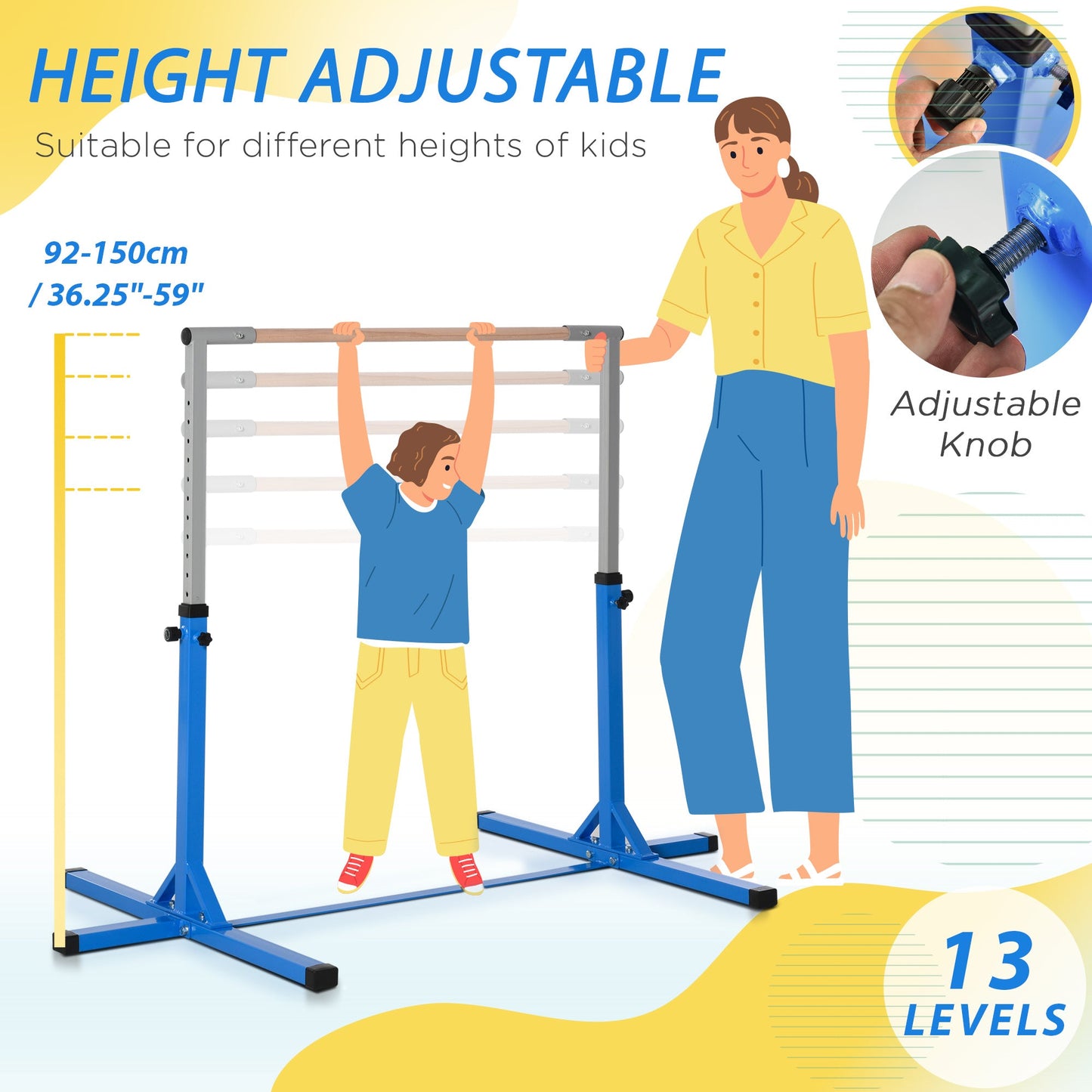 HOMCOM Height Adjustable Gymnastics Horizontal Bar for Kids, Children Junior Kip High Bar Fitness, Blue -