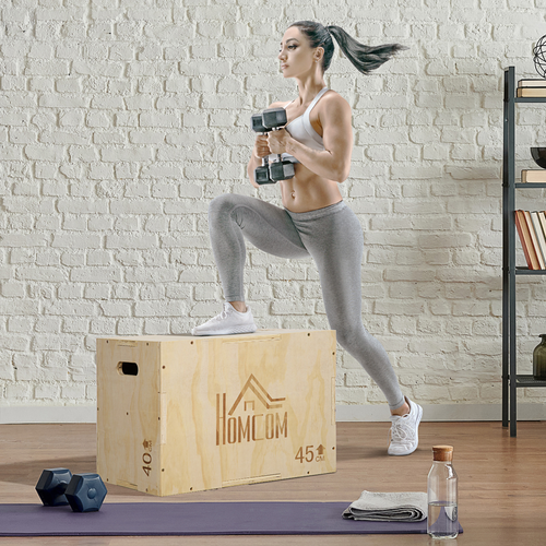 HOMCOM 3-in-1 Wooden Plyo Box for Home Gym, Workout Training, Natural - Roesports