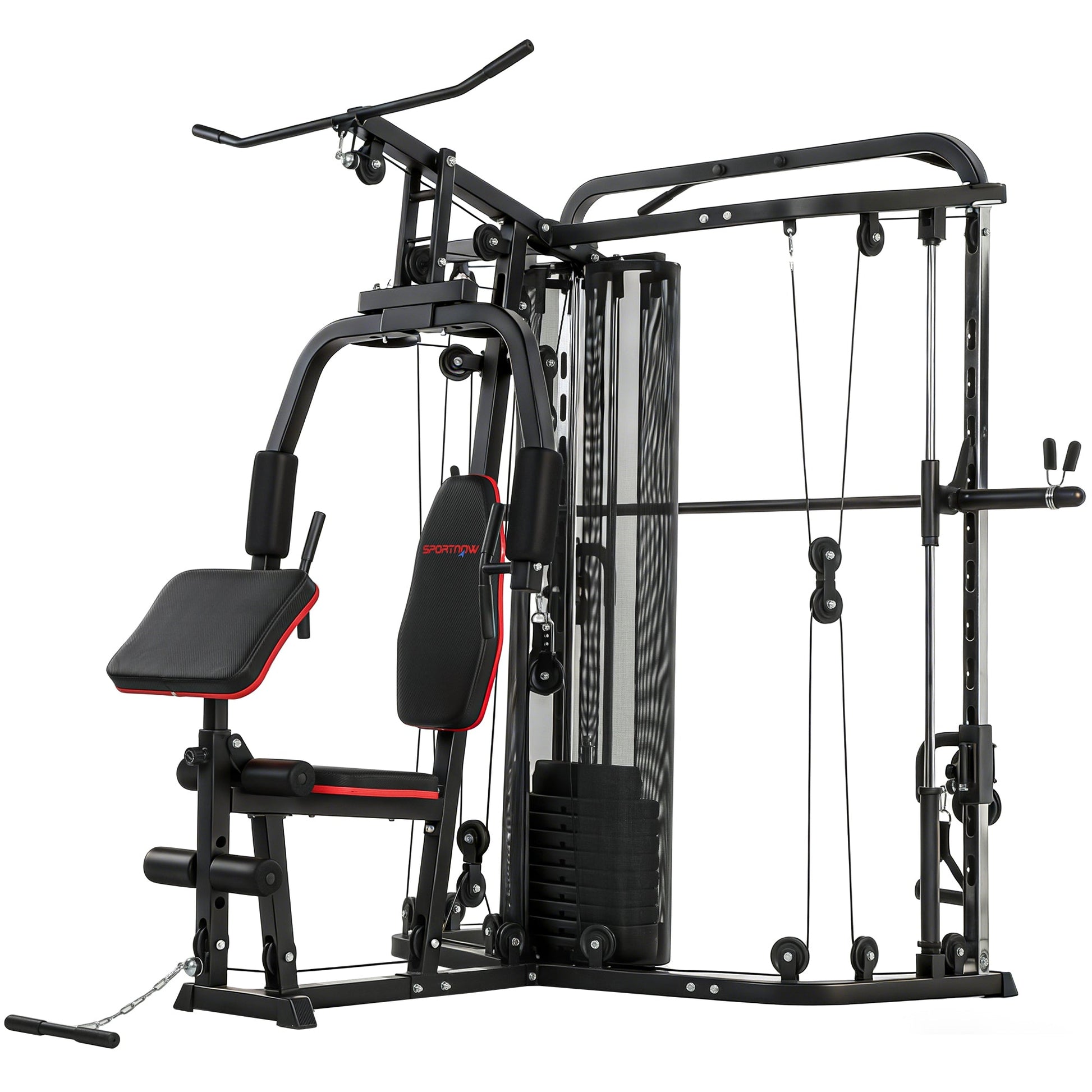 SPORTNOW Home Multi Gym Smith Machine with 65kg Weight Stack, Cable Pulley System, Chest Station, Preacher Pad & Leg Developer -