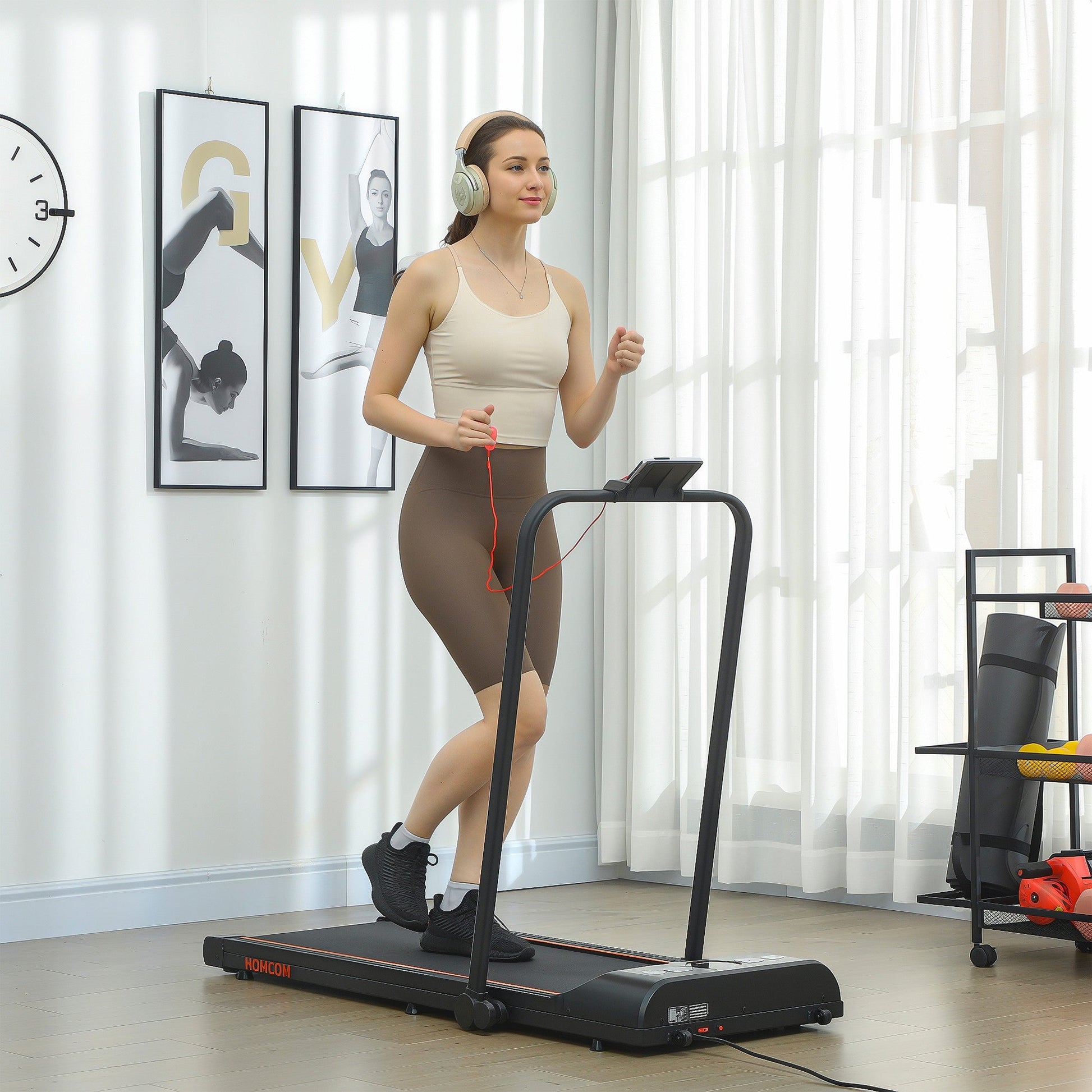 HOMCOM Foldable Walking Treadmill, with LED Display and Wheels, for Home, Office, Fitness Studio, Orange -